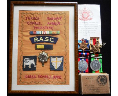 Medals. WW II group. 1939-45, Africa with 8th Army Stars, War and Defence Medals; to 121853 Dvr. J. Bone. R.A.S.C. In origina