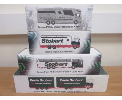 Four Atlas Editions, World Of Stobart 1:76 scale die-cast metal models inc. Scania; P380/Oakley Horsebox, High Line Horsebox,