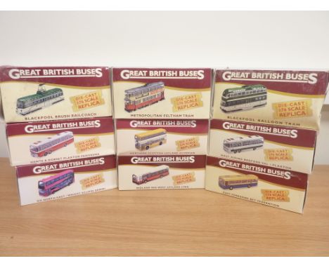 Nine Atlas Editions die-cast 1:76 scale metal models from the 'Great British Buses' collection. 