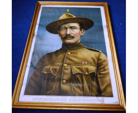 Large framed lithograph of Major General Baden-Powell. 'The Colonel with the Slouching Hat'. 45cm x 66cm. 