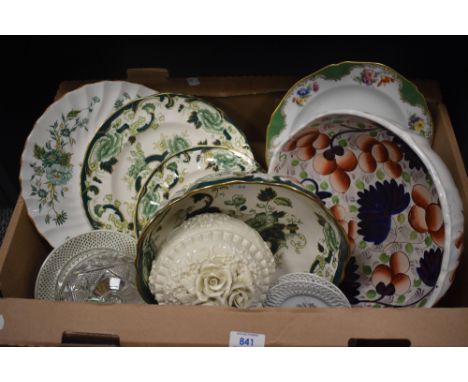 Two Mason's 'Chartreuse' plates and a matching large bowl, a Royal Limoges display plate having green edging and a floral cen