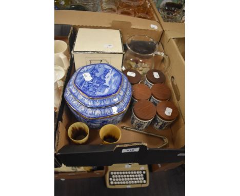A Ringtons Millennium 2000 tea caddy, a boxed Wedgwood Crystal 'Falstaff' ale tankard, two small horn tumblers and six Delft 