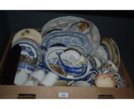 A carton of assorted plates, saucers and cups including blue and white ware.