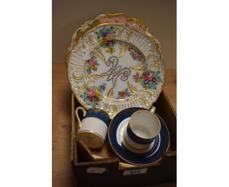 An Andre Marie Leboeuf French porcelain Marie Antoinette 9' plate, a Coalport jewelled and hand painte plate and two Stafford