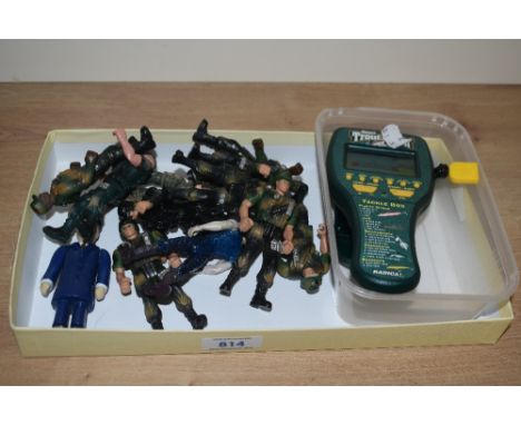 A 1990s Radica Sport Trout Fishin' hand held game and a selection of plastic army figurines