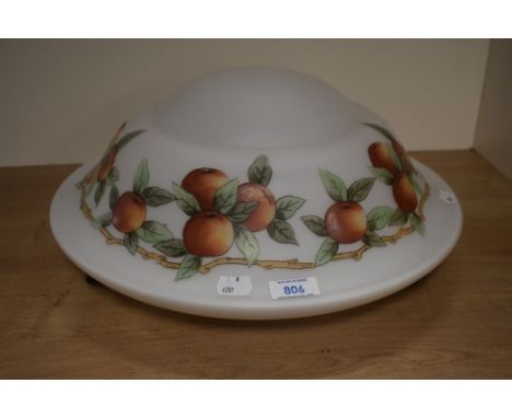 A vintage glass flycatcher lamp shade in white and having hand painted apple design.