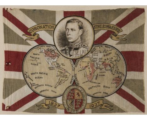 World.- Anonymous. Coronation King Edward VIII souvenir flag map, with a portrait of the King and a double-hemisphere world m