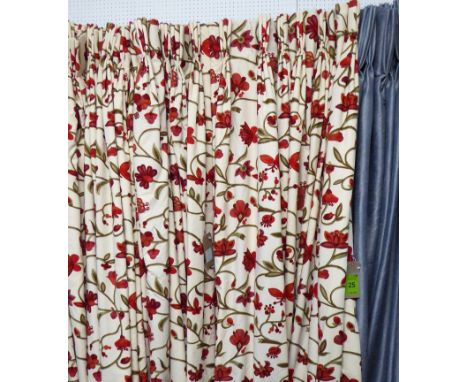CURTAINS, two pairs, lined and interlined, in embroidered crewel work of scrolling red foliage by Voyage, 110cm gathered by 2