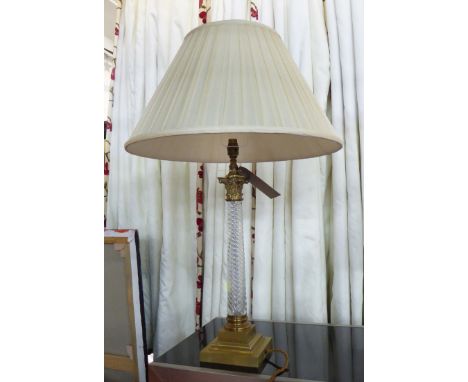 LAMP, Corinthian glass column form with pleated silk shade, 85cm H.
