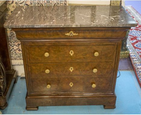 HALL COMMODE, 19th century French Louis Philippe, flame mahogany of shallow proportions with five long drawers including a pl