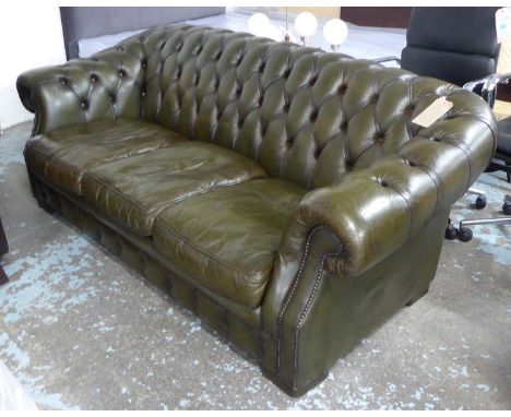 CHESTERFIELD STYLE SOFA, in green buttoned leather, 200cm L x 110cm W x 75cm H. (with faults)