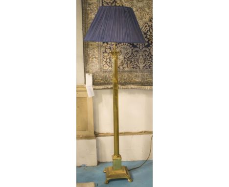 STANDARD LAMP, brass, of corinthian column form with blue pleated shade, 163cm H overall.