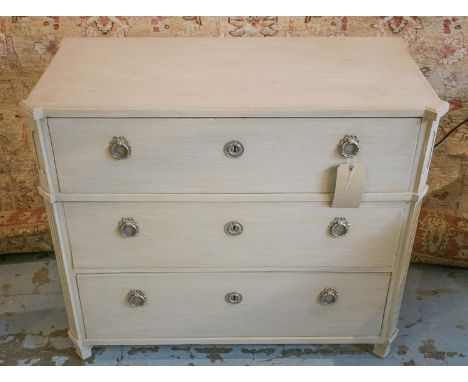 COMMODE, 19th century Gutavian grey painted with three long drawers and canted fluted angles, 95cm W x 80cm H x 47cm D.