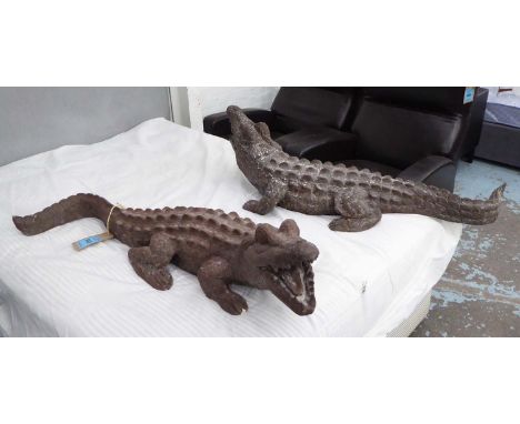 GARDEN ORNAMENTS, a pair of crocodiles in rustic ceramic finish, 121cm L. (2)