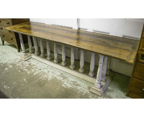 REFECTORY TABLE, vintage oak, three planked cleated top raised upon grey limed pillar base, 265cm x 74cm x 74cm H.