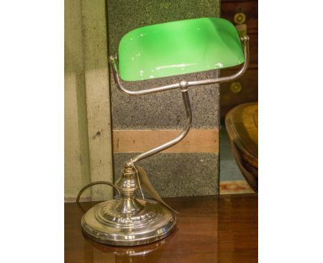 BANKERS LAMP, vintage silvered metal and adjustable green glass shade, 39cm H x 30cm.