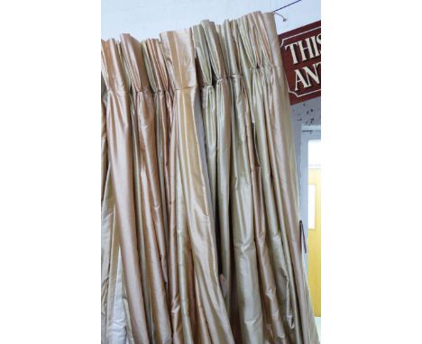 CURTAINS, a pair, gold and copper silk stripe 292cm dropped by 190cm gathered. (2) (with faults)