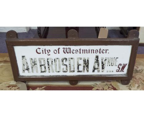 VINTAGE LONDON STREET SIGN, Ambrosden Avenue, SW, in later wooden frame, 93cm x 46cm.