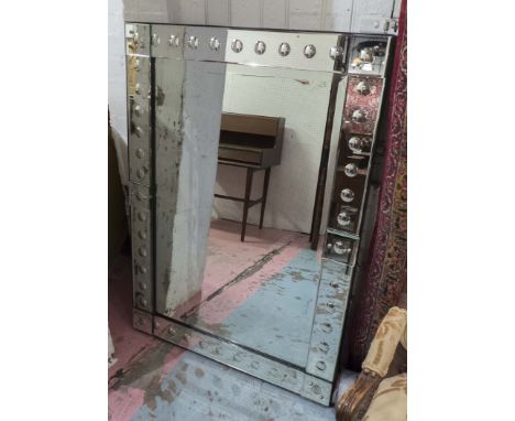 WALL MIRROR, rectangular Venetian style with sphere decorated marginal plates, 122cm H x 88cm.