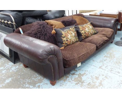 SOFA, large two seater in brown leather and fabric on bun supports, Ralph Lauren style plus six scatter cushions, 263cm L.