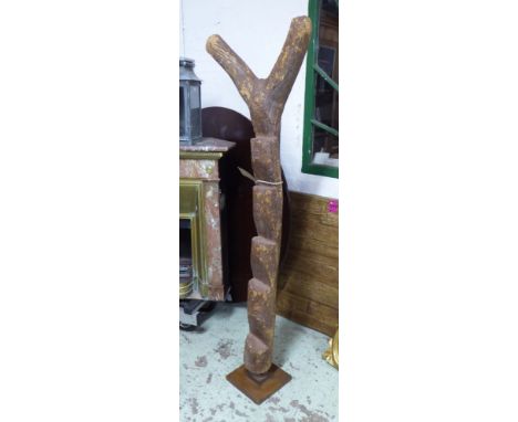 TRIBAL TREE LADDER, of primitive design, on stand, 180cm H x 56cm W.