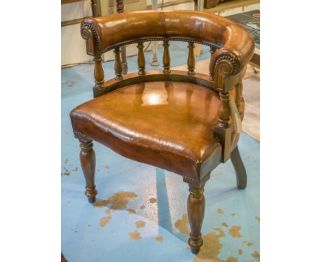 LIBRARY ARMCHAIRS, a pair, vintage mahogany hand finished brass studded leaf brown leather with bow back and turned front sup