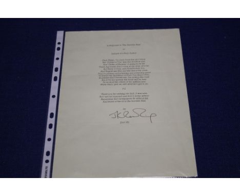 J. K. ROWLING SIGNED POEM ENTITLED "In Response to The Terrible Wait or Lament of a Busy Author".  This was sent to the owner