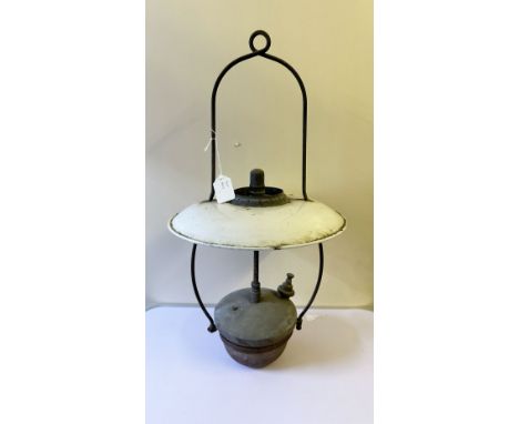 A vintage hanging enamel ceiling paraffin lamp, unrestored, in very good original condition