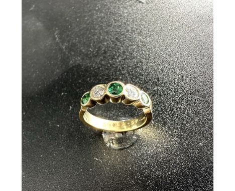 A 14ct yellow gold Emerald + Diamond eternity band ring, size O, solid thick band, diamond approx 0.34ct + emerald 0.45ct, co