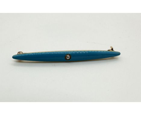 A 14ct yellow gold brooch with turquoise enamel and a seed pearl, approx weight 2.8 grams, length is 5cm