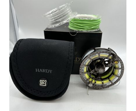 A Hardy salmon fly reel, ASP7000 ultra light, has some damage to the outer edge, comes with 2 lines, cortland 444 lines, floa