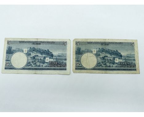 2x £5 bank notes, vintage, Royal Bank of Scotland, limited notes