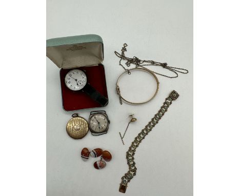 3x vintage watches, some silver, gold plated jewellery, 9ct gold pin, Scottish agait cufflinks, rolled gold + 9ct gold bangle