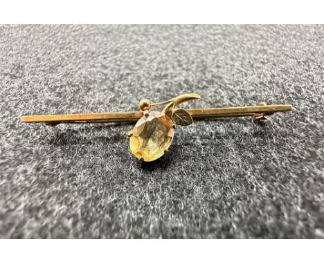 A 9ct yellow gold with citrine stone set brooch, approx weight 2.8 grams, 5+1/2 cm long