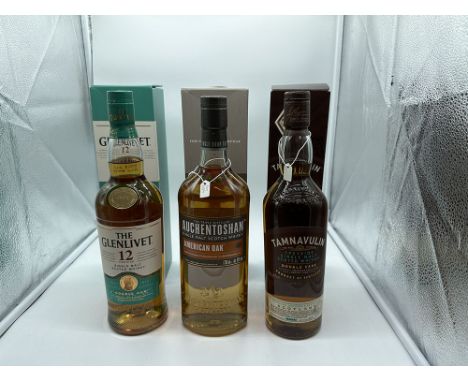 3x malt whisky bottles,&nbsp;
A bottle of Glelivet 12 year old
Speyside Scotland
single malt scotch whisky
70cl bottle
40% ab
