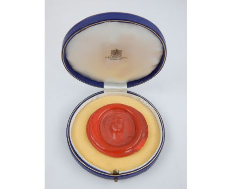 A wax cameo portrait from an Antique Intaglio, in leather presentational box D J Wellby Ltd, Farrick St, London. 