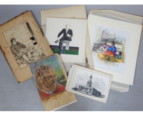 Folio of artwork including original illustration by Marguerite Davis, watercolour of children playing on a beach, portrait of