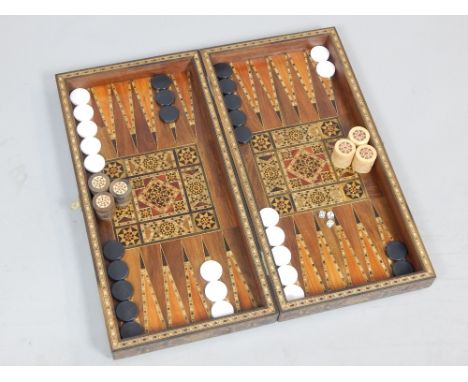 Persian backgammon / draughts / chess box, Damascan micro-mosaic decoration, 50cm l.