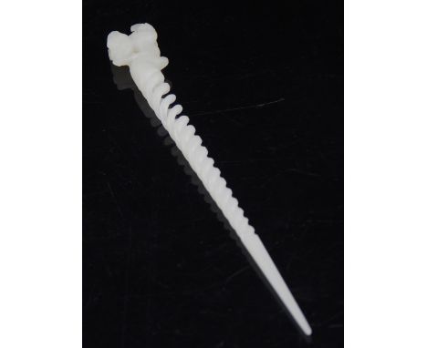 Chinese white jade hairpin, dragon finial triple open twist stem, 23cm l.