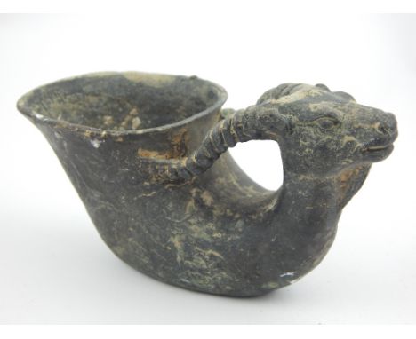 Chinese bronze cup with goat head handle, with character marks to base 13.5cm l.