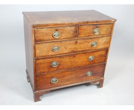 George III mahogany chest of drawers, two short over three long drawers, brass oval plate handles, bracket feet support, 90cm