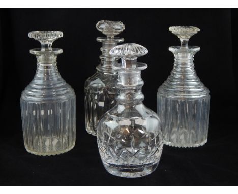 Mid 19th century clear glass decanter, mallet form with triple ring neck and cut faceted body, 26cm h, together with two late