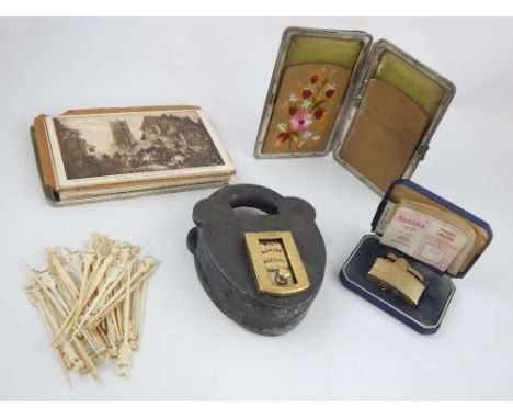 Victorian heart shaped Barrons patent padlock, with a brass key slide (locked), together with sundry items including a Ronson