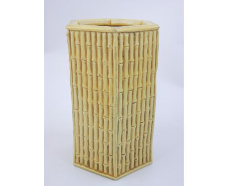 Chinese ochre glaze ceramic brush pot hexagonal, faux bamboo construction, impress stamp to base. 13cm h