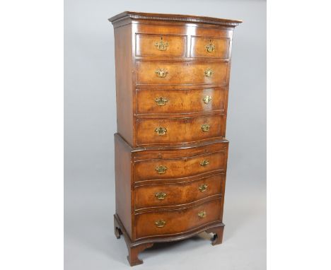 20th C chest on chest, burr walnut, dentil cornice, serpentine front of two over six drawers with brushing slide, set on brac