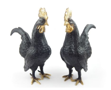Pair of contemporary bronze models of standing cockerels, 26 cm H. (2)