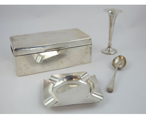 Silver twin compartment cigarette box, marks for Birmingham 1927, 17cm w, a square ashtray, Birmingham 1925, stem vase, Birmi