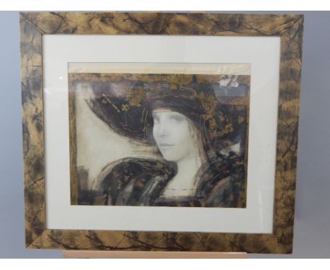 Modern European limited edition print head and shoulders portrait of a lady in wide brimmed hat, 40 x 54 cm.