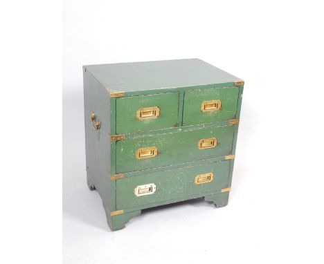 Military style small chest of drawers, two over two with brass inset handles, carry handles to flanks, bracket feet.
