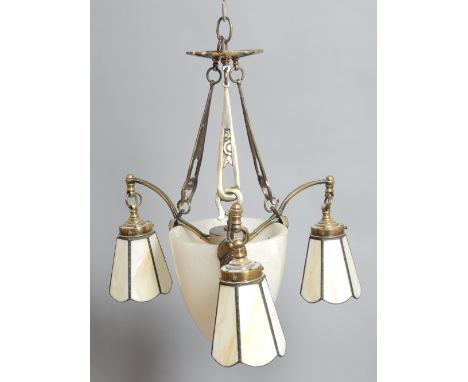 20th century ceiling light with a domed alabaster pendant and three cream glass pendant shades, 32cm h.